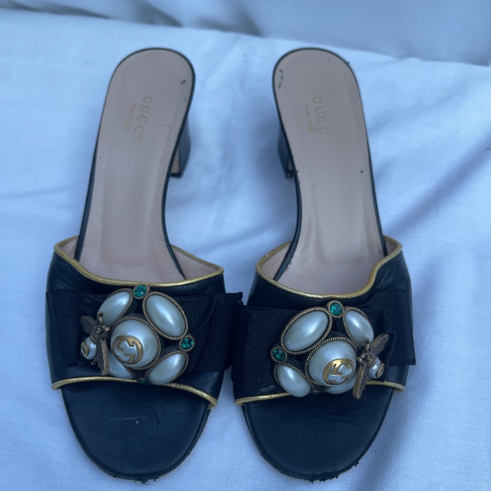 Gucci Nappa Silk Pearl Bee Embellished Mid Heel Slide Sandals